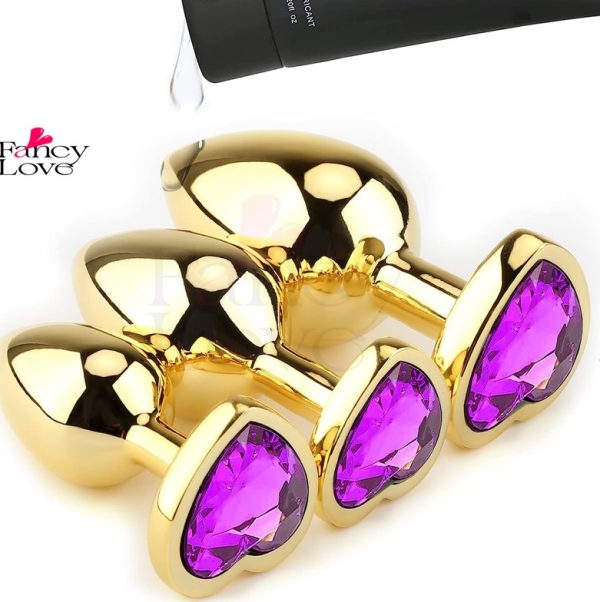 Plug anal dorado con diamante corazón - Lila